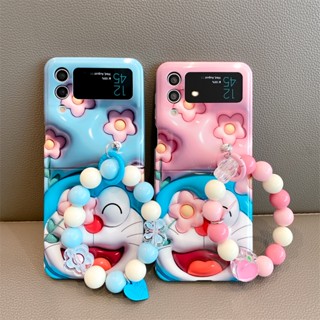 ใหม่ เคสโทรศัพท์มือถือแบบนิ่ม TPU กันกระแทก ลายดอกไม้โดราเอมอน พร้อมสายคล้องมือ สําหรับ Samsung Galaxy Z Flip 4 Z Flip 3 5G