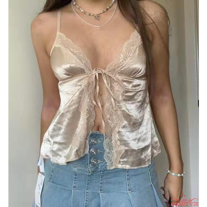 Topone-ผู้หญิงฤดูร้อนเซ็กซี่แขนกุด Y2K ลูกไม้ Crop Top Tie Up แยก Cropped Fairycore Grunge เสื้อผ้า