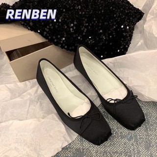 RENBEN ฤดูใบไม้ผลิและฤดูใบไม้ร่วงอารมณ์ใหม่สแควร์นิ้วเท้า Bowknot ปากตื้นแบนรองเท้าเดี่ยวผู้หญิงอเนกประสงค์ฝรั่งเศสย้อนยุคบัลเล่ต์รองเท้า