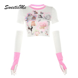 Sweeticme ใหม่ เสื้อยืดครอปลําลอง คอกลม แขนสั้น พิมพ์ลาย เข้ารูป เซ็กซี่ แฟชั่นสําหรับสตรี 2023