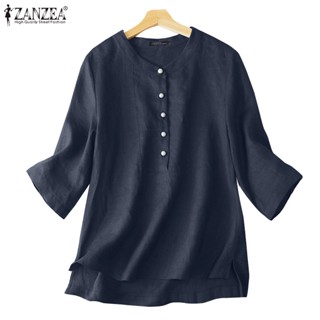 Zanzea เสื้อเชิ้ต คอวี แขน 3/4 ติดกระดุม สีพื้น สไตล์เกาหลี สําหรับผู้หญิง