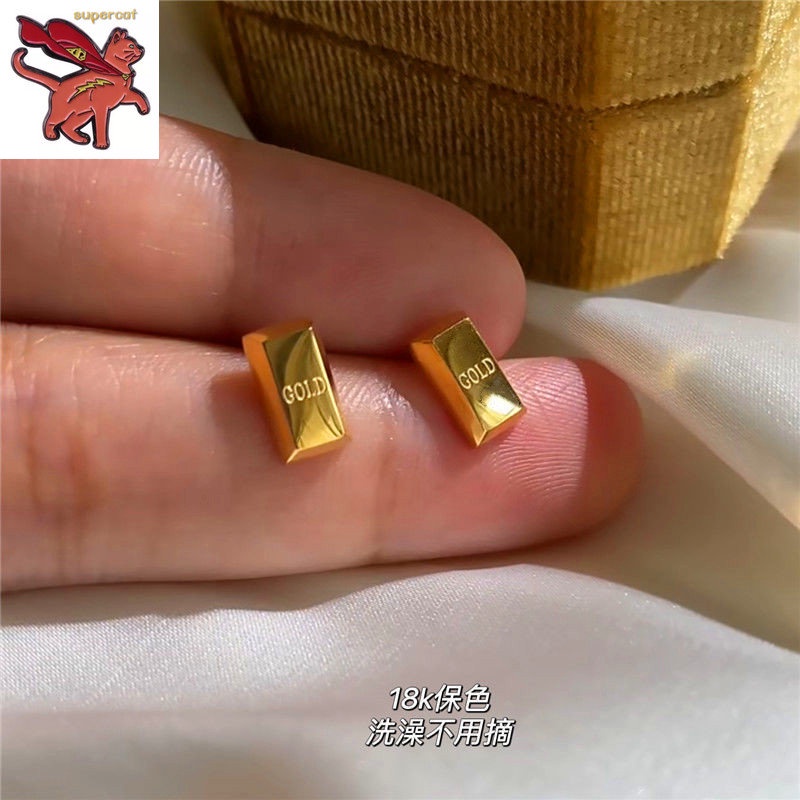 18K Saudi Gold Pawnable Small Gold Brick Wealth ต่างหูสําหรับผู้หญิง
