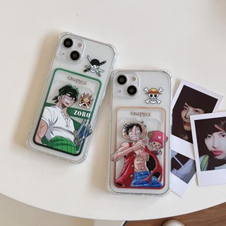 เคสโทรศัพท์มือถือ แบบใส ลายลูฟี่ โซโรวันพีช พร้อมช่องใส่บัตรเครดิต สําหรับ iPhone 14 13 12 11 Pro Max Xsmax XR XS 8Plus