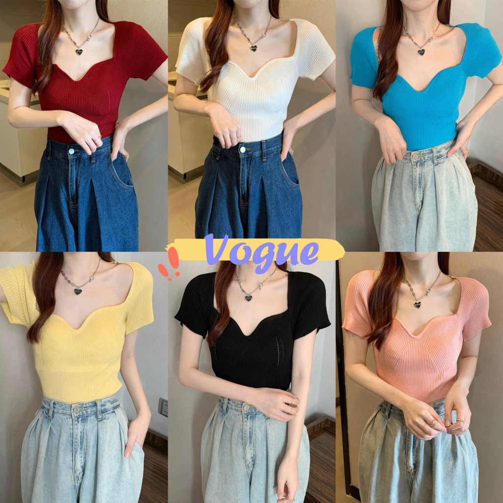 Vogue พร้อมส่ง เสื้อไหมพรมแขนสั้น คอวีรัดรูปใส่สบายผ้าร่อง (5972-1) -C