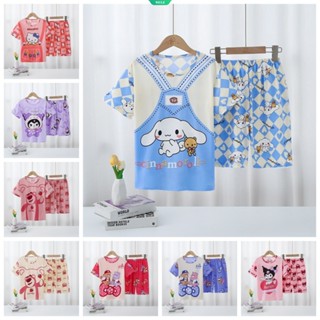 ชุดนอนเสื้อแขนสั้น กางเกงขาสั้น ลายการ์ตูน Hello Kitty Cinnamoroll แฟชั่นฤดูร้อน สําหรับเด็กผู้ชาย และเด็กผู้หญิง