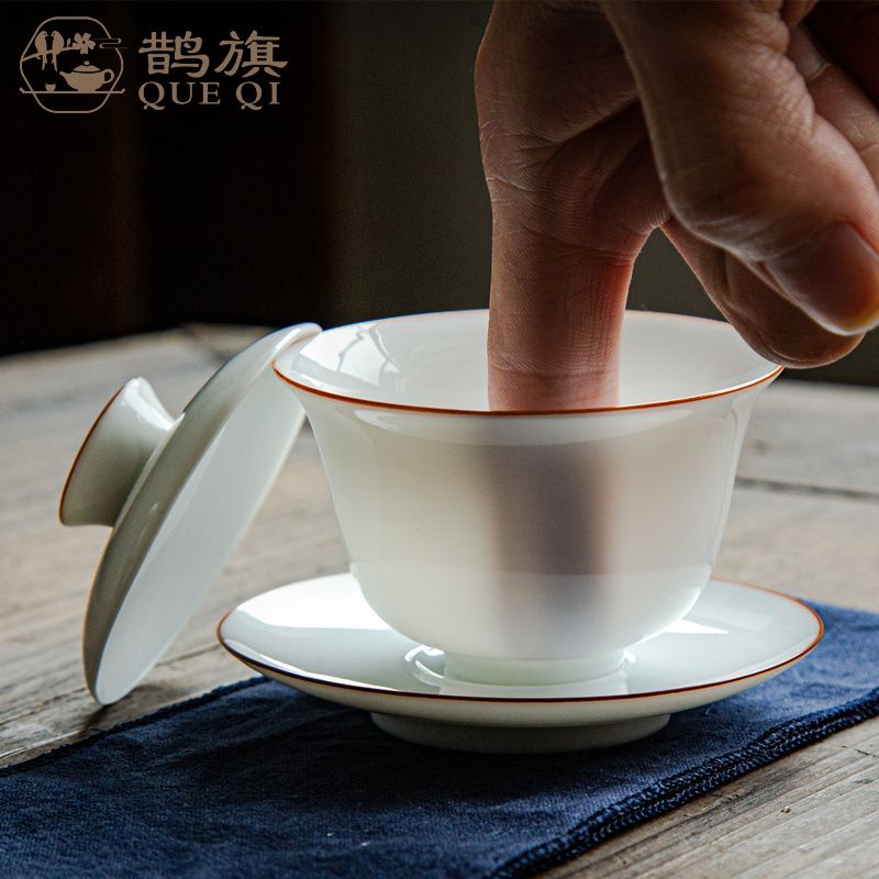 ชามชาพอร์ซเลนขาวมือวาดทอง ลายซานไช่ ธงนกกางเขน เคลือบลาโนลิน เดฮวา