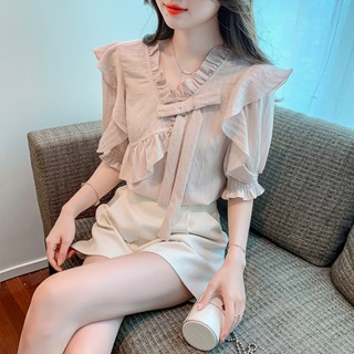 เสื้อครอปท็อป แขนพอง ดีไซน์หวาน สําหรับผู้หญิง 2023