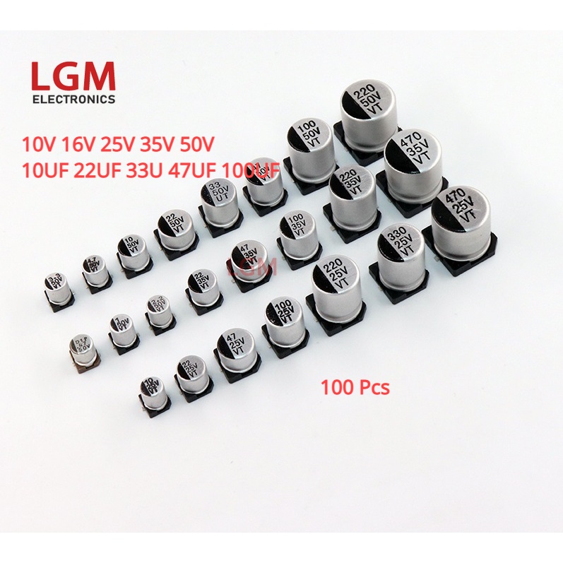 อลูมิเนียม 100 ชิ้น SMD Electrolytic Capacitor 10V 16V 25V 35V 50V 10UF 22UF 33UF 47UF 100UF tta