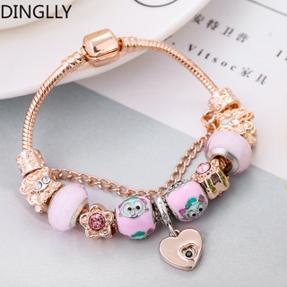 Dinglly สร้อยข้อมือ จี้ลูกปัด อัลลอย รูปสัตว์ สีชมพู สีโรสโกลด์ แฟชั่นสําหรับผู้หญิง