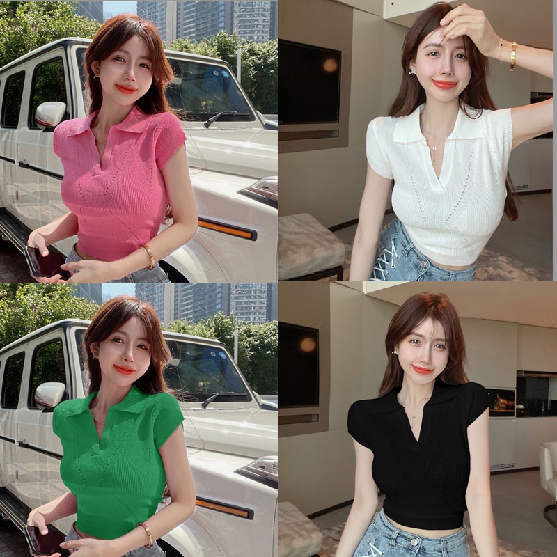 mimi&didi เสื้อครอปแขนกุดไหมพรม เสื้อคอปกแขนสั้นไหมพรม เพิ่มดีเทลแหวกลึก 8K53