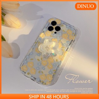 เคสโทรศัพท์มือถือแบบใส ลายดอกไม้ แต่งกลิตเตอร์ พร้อมที่ตั้งวาง สําหรับ iphone13 14promax 11 12 14