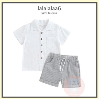 Laa6- เสื้อคอปก แขนสั้น ลําลอง และกางเกงขาสั้น ลายทาง แฟชั่นฤดูร้อน สําหรับเด็กผู้ชาย