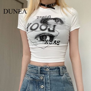 Dunea เสื้อครอปท็อป คอกลม แขนสั้น พิมพ์ลายตัวอักษร สไตล์อเมริกัน สําหรับผู้หญิง