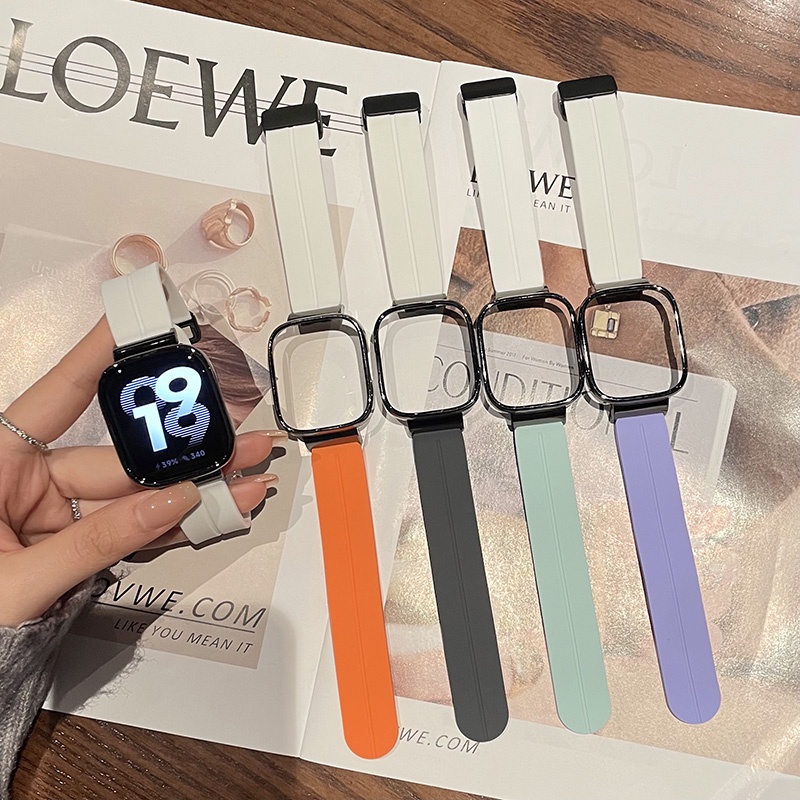 สายนาฬิกาข้อมือ กรอบโลหะ ซิลิโคนนิ่ม หัวเข็มขัดแม่เหล็ก ปรับได้ สําหรับ Xiaomi Redmi Watch 3 2Lite Mi Watch 3 2