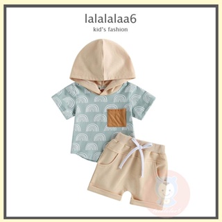 Laa6- เสื้อฮู้ด แขนสั้น พิมพ์ลาย สีรุ้ง และกางเกงขาสั้น สีพื้น สําหรับเด็กผู้ชาย