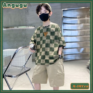 Angugu เสื้อยืดแขนสั้น กางเกงขาสั้น ลายตาราง แฟชั่นฤดูร้อน สําหรับเด็กผู้ชาย อายุ 4-14 ปี 2023 2 ชิ้น