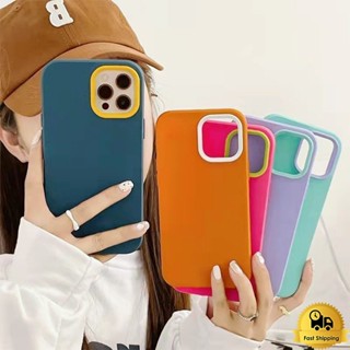 3 in 1 เคสประกบสีพื้น สำหรับ เคสไอโฟน 11 12 13 14 pro max 7 8 14 Plus SE X Xs Max ซิลิโคนเหลวนุ่ม เคส