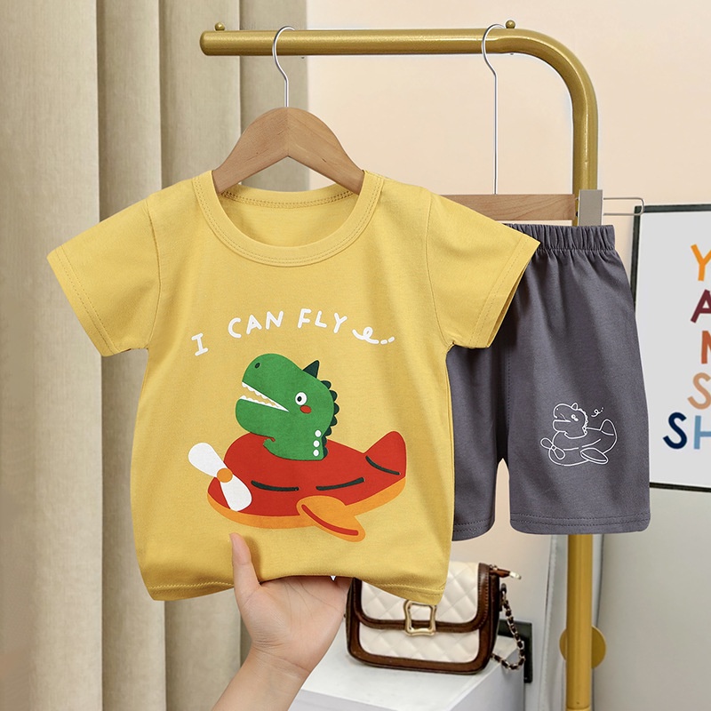 พร้อมส่ง เสื้อยืดแขนสั้น กางเกงขาสั้น ผ้าฝ้ายแท้ ลายการ์ตูน เหมาะกับฤดูร้อน สําหรับเด็กผู้ชาย และผู้หญิง ไซซ์ 73-130 ซม.