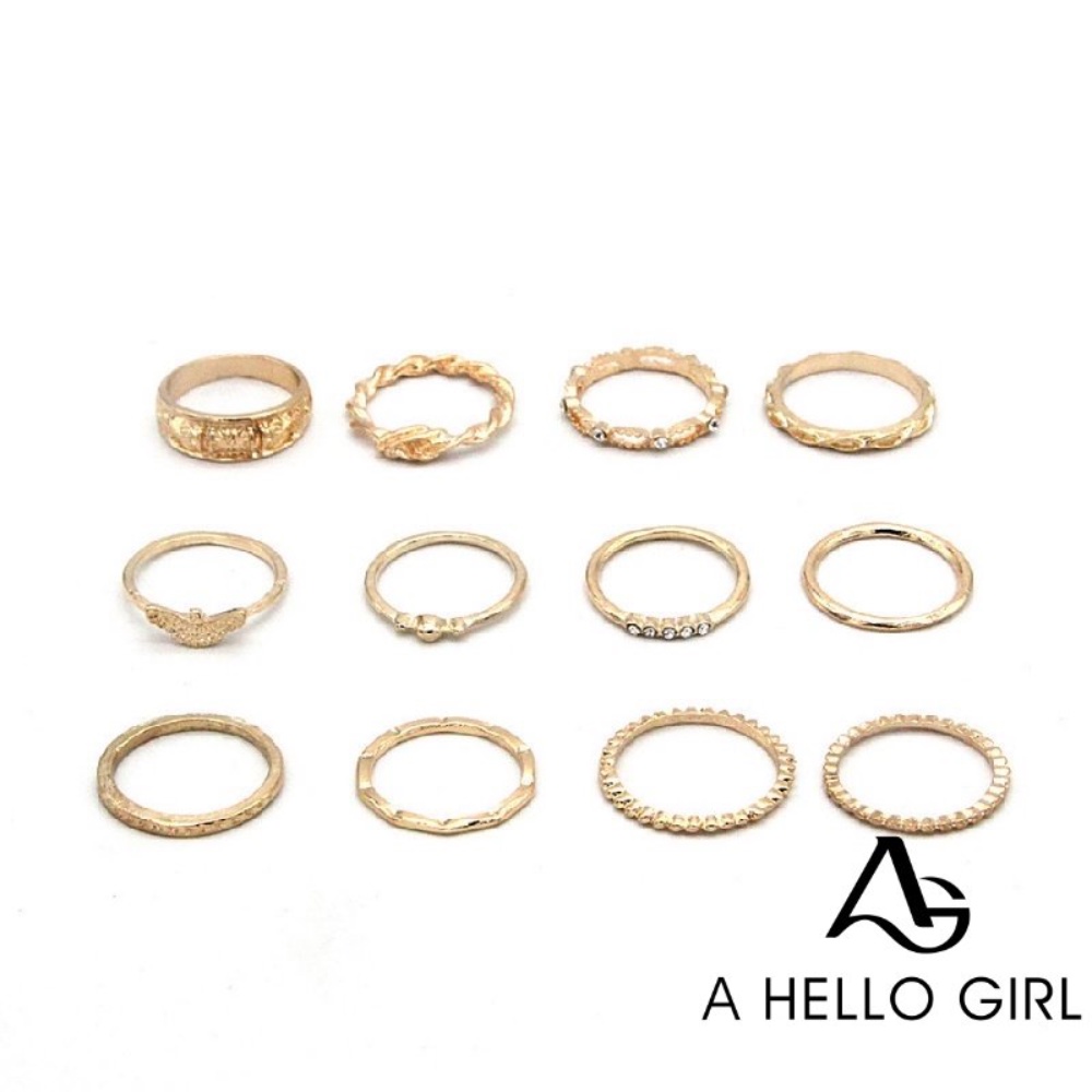 A HELLO GIRL ชุดแหวนแกะสลัก ชุบทอง รูปหางนกอินทรีย์ ประดับเพชร สไตล์เรโทร เครื่องประดับแฟชั่น สําหรับเด็กผู้หญิง 12 ชิ้น