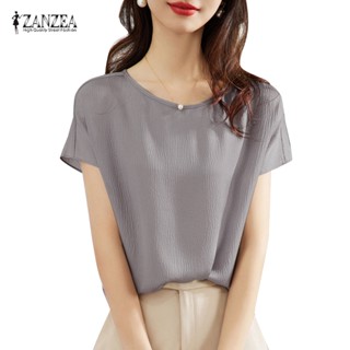 Zanzea เสื้อเบลาส์ลําลอง คอกลม แขนสั้น สีพื้น สไตล์เกาหลี สําหรับผู้หญิง