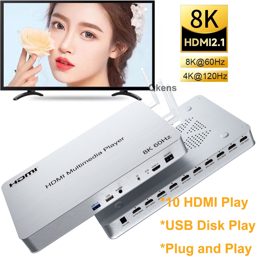 8K 60Hz 10 Way HDMI เครื่องเล่นมัลติมีเดีย USB 3.0 KVM U Flash Disk Video Player รองรับ HDR10 3D 48G