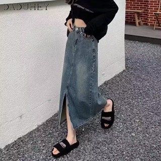 DaDuHey🎈 Women Summer 2023 New Retro Denim Skirt  Mid-Length Slimming A- line Dress Split Skirt