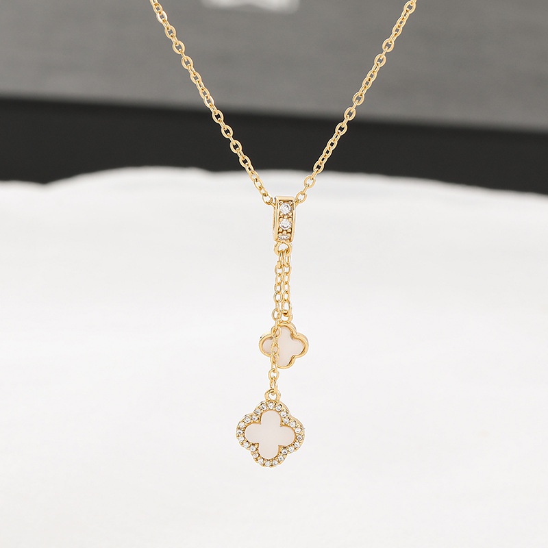 Ht Micro-Inlaid Zircon พู่ Four-Leaf Clover จี้ไทเทเนียมเหล็กสแตนเลส Clavicle Chain เครื่องประดับสาว ราคา ถูกที่สุด ดีลบีเคเค แกลเลอรีภาพที่ 9