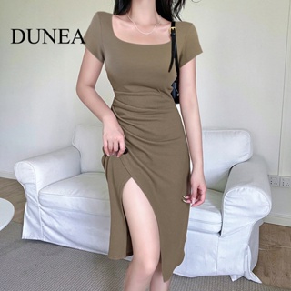 Dunea ชุดมิดี้เดรส คอสี่เหลี่ยม จับจีบ สีพื้น สําหรับผู้หญิง