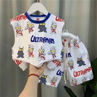 Ultraman Clothes Little Boy Summer Pure Cotton Vest Suit Internet Celebrity Fried Street Boys Clothing Childrens Cool Handsome Two-Piece Set 866g