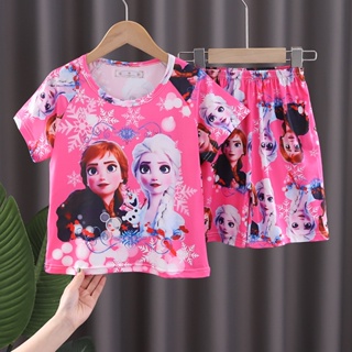 ชุดนอน เสื้อยืดแขนสั้น ลายการ์ตูน Frozen Elsa และกางเกงขาสั้น สําหรับเด็กผู้หญิง จํานวน 2 ชิ้น