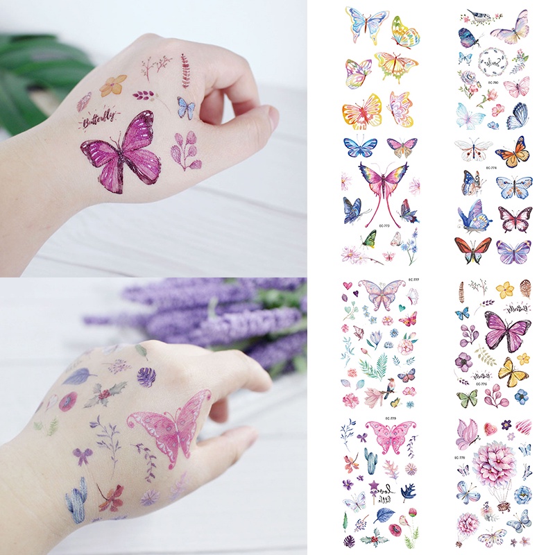 สติกเกอร์รอยสักชั่วคราว ลายการ์ตูนผีเสื้อ สีน้ํา ดอกไม้ กันน้ํา แบบใช้แล้วทิ้ง สําหรับเด็ก