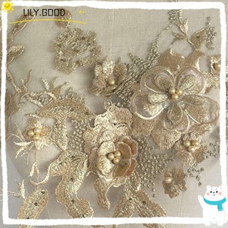 LILY Lily แผ่นผ้าลูกไม้ ลายดอกไม้ 3D ประดับลูกปัดพลอยเทียม สําหรับตกแต่งชุดเดรส DIY