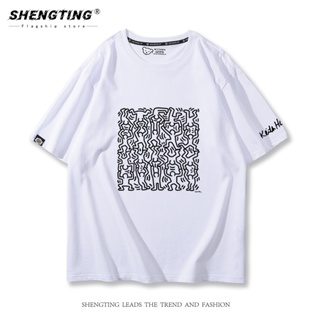 เสื้อยืดแขนสั้น พิมพ์ลายกราฟฟิติ Keith Haring Keith Haring แฟชั่นฤดูร้อน สไตล์ยุโรป และอเมริกา สําหรับผู้ชาย และผู้หญิง