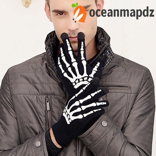 OCEANMAPDZ ถุงมือครึ่งนิ้ว กันลื่น ลายกะโหลก กระดูกมือ ฮาโลวีน พังก์ ให้ความอบอุ่น สําหรับผู้ชาย