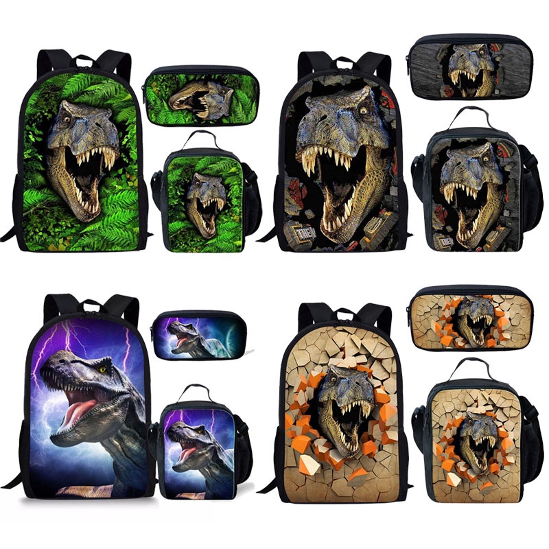 Jurassic World กระเป๋าเป้สะพายหลัง กระเป๋านักเรียน ใส่กล่องอาหารกลางวัน ลายไดโนเสาร์ สามชิ้น สําหรับเด็ก