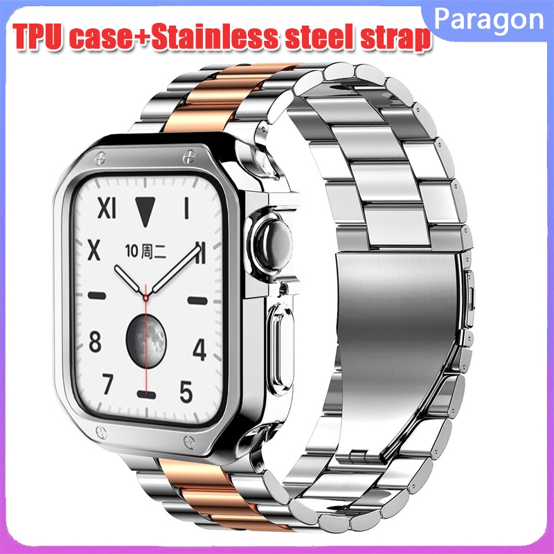 เคสป้องกัน TPU และสายนาฬิกาข้อมือโลหะ สเตนเลส สําหรับ Apple Watch series 3 4 5 6 se 7 45 มม. 44 มม. 42 มม. 41 มม. 40/38