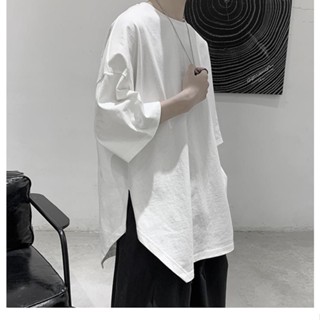 Yohji Yamamoto เสื้อยืดแขนสั้น ผ่าข้าง ทรงไม่สม่ําเสมอ ระดับไฮเอนด์ สําหรับผู้ชาย