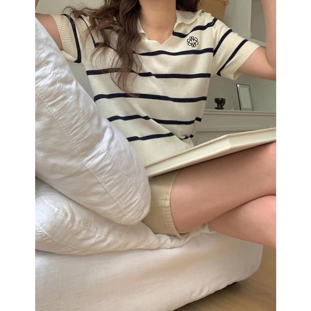 Lune_Grace.18013#เสื้อแขนสั้นคอปกลายทาง ผ้าไหมพรมผ้ายืดได้เยอะ แต่งลายปักที่หน้าอก สไตล์เกาหลี สวยมาก - รูปที่ 7