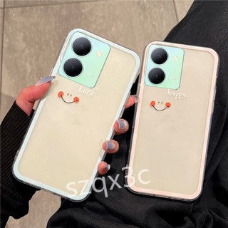 พร้อมส่ง เคสโทรศัพท์มือถือ ซิลิโคนนิ่ม ใส บางมาก ลายหน้ายิ้มน่ารัก สีฟ้า ชมพู สําหรับ VIVO Y36 V27 V27e iQOO Z7x Z7 Y02 V25 Pro V25e 4G 5G Y36