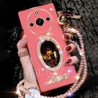 เคสโทรศัพท์มือถือนิ่ม ลายเพชร พร้อมกระจกแต่งหน้า และสร้อยคอ สําหรับ Realme 11 10 Pro+ Pro 5G Coca-Cola Edition 9i C53 C55 NFC GT NEO5 SE 4G Plus