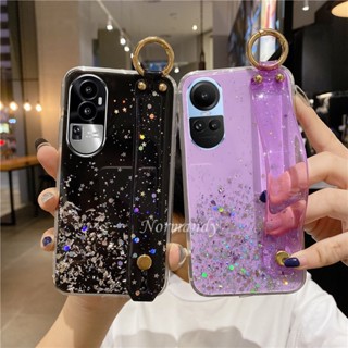 พร้อมส่ง เคสโทรศัพท์มือถือ ซิลิโคนนุ่ม TPU ใส ลายกลิตเตอร์ดาว พร้อมสายคล้องข้อมือ และขาตั้ง สําหรับ OPPO Reno10 Pro Reno 10 Pro+ Plus 5G