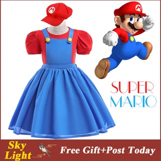 ชุดคอสเพลย์ ชุดเดรสกระโปรง แขนสั้น ลาย Super Mario สีแดง สีฟ้า สําหรับเด็กผู้หญิง