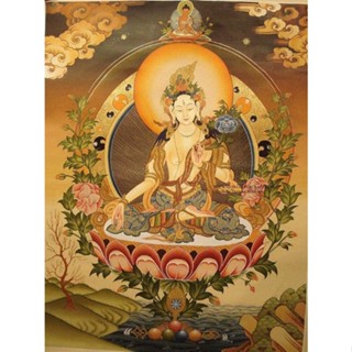 โปสเตอร์ผ้าใบ พิมพ์ลาย Tara Tibetan Thangka สีเขียว สําหรับตกแต่งผนัง