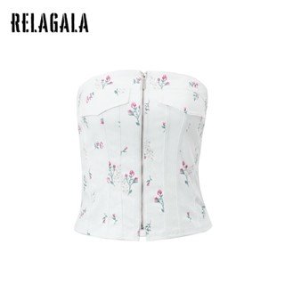 Relagala ใหม่ เสื้อเปิดไหล่ลําลอง ลายดอกไม้ มีซิป มีกระเป๋าปลอม เรียบง่าย แฟชั่นสําหรับสตรี 2023