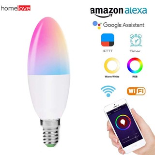 E14/E12 Smart Wifi LED Candle Bulb 6w RGB Color Dimmable Magic Light Bulb Timing Function รองรับการควบคุมด้วยเสียงทำงานร่วมกับ Alexa และ Google Assistant homelove