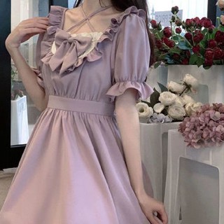 ชุดเดรส แขนพอง ประดับโบว์ สีม่วง สไตล์ญี่ปุ่น สําหรับผู้หญิง