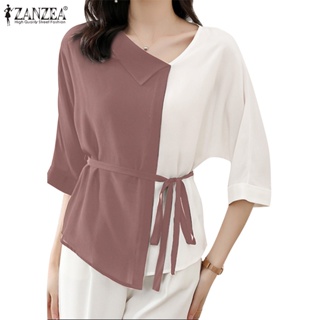 Zanzea เสื้อเบลาส์ คอวี แขนห้าส่วน ผูกไหล่ สีฮิต สไตล์เกาหลี สําหรับผู้หญิง