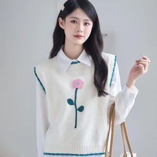 เสื้อกั๊กถัก คอกลม ปักลาย ทรงหลวม สไตล์วิชาการ สําหรับเด็กผู้หญิง