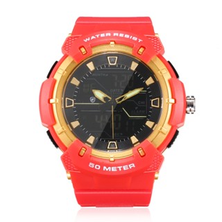 Ship tomorrow Red case black gold letter red tape double display quartz watch