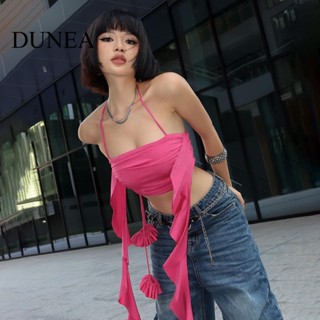 Dunea เสื้อสายเดี่ยวสั้น แต่งริบบิ้น เซ็กซี่ สําหรับผู้หญิง